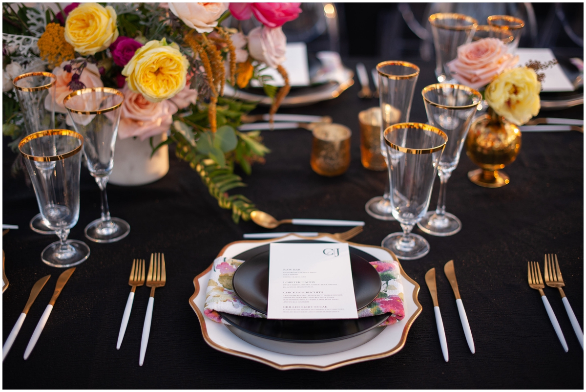 Tropical Inspired shows white and gold flatware rental. Contact SC Rental Warehouse to achieve this flatware rental. 